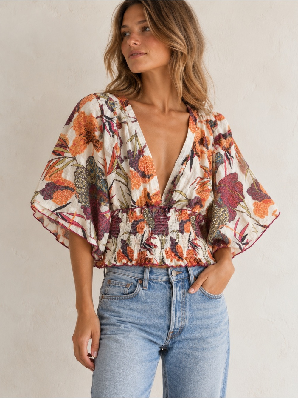 Anthropologie Plunging V Neck Smocked Kimono Blouse M